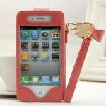 cute Leather bowknot chain case for iphone4/4s-pink