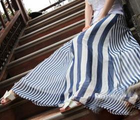 [gryxh3600001]blue and white Chiffon stripes half long skirt-----blue
