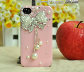 cute Pearl rhinestone diamond bowknot handmade case for iphone 4/4s-pink