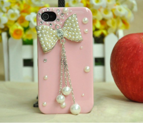 [grdx02071]Pearl rhinestone diamond bowknot handmade case for iphone 4/4s-pink