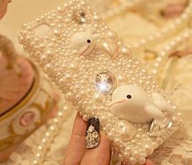 cute whales pearl rhinestone case for iphone 4/4s