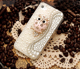 cute handmade owl rhinestone pearl ultra-thin case for iphone 4/4s