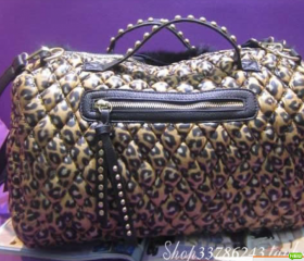 Rabbit fur rhinestone rivet leopard print woman shoulder bag