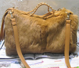 Rabbit fur rhinestone rivet fashion woman bag/handbag-yellow