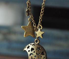 retrohollow out moon stars bronze pendant necklace